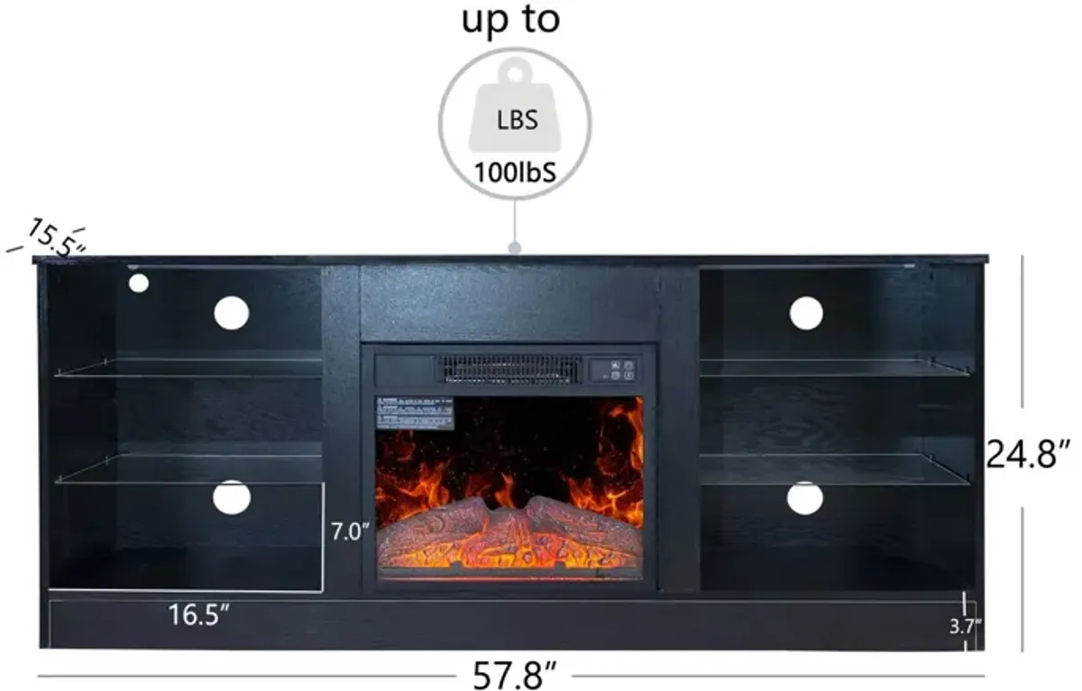 Fireplace TV Stand With 18" Electric Fireplace Heater, Modern Entertainment Center For TVs Up To 62" With Adjustable Glass Shelves And Storage Cabinets