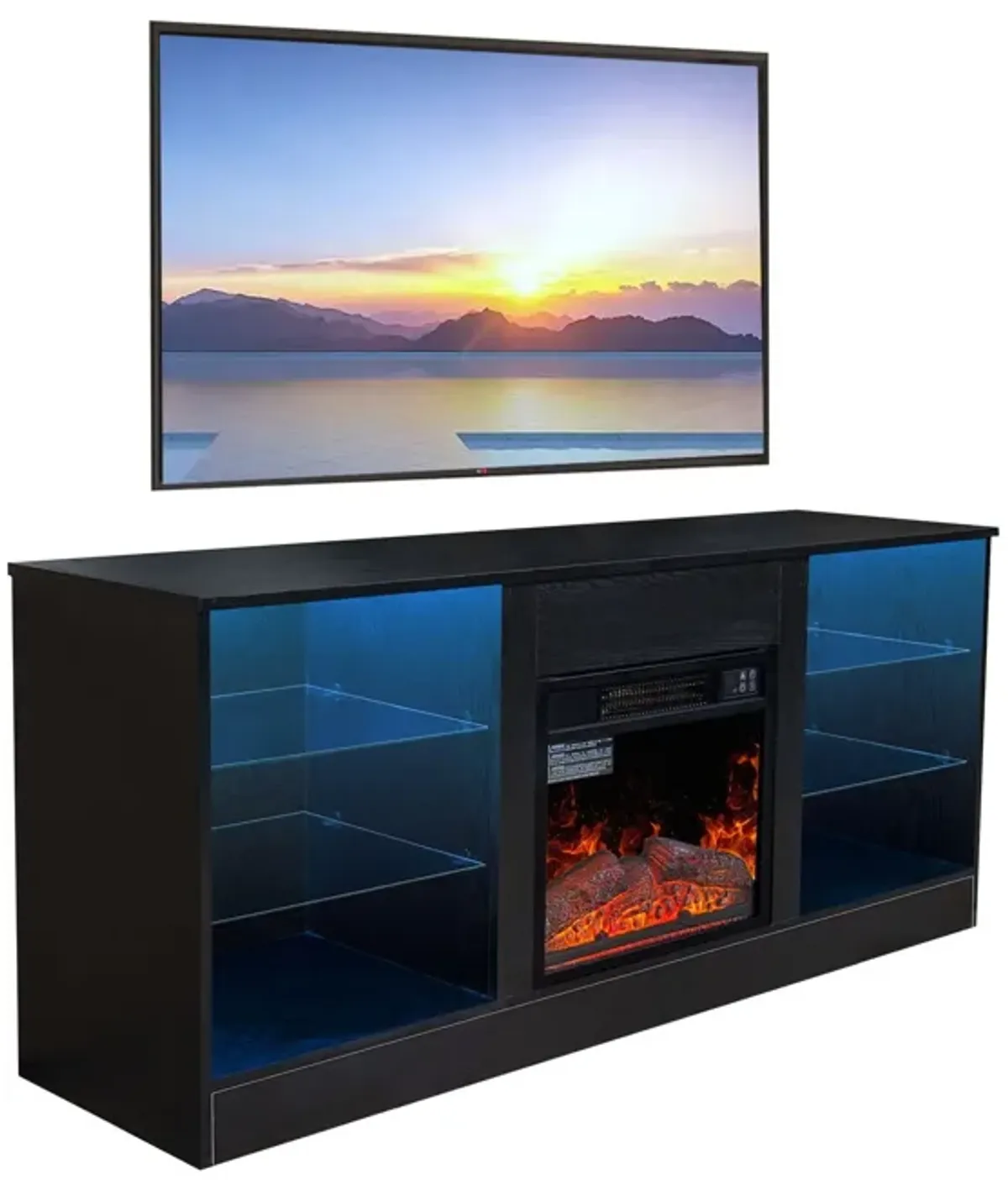 Fireplace TV Stand With 18" Electric Fireplace Heater, Modern Entertainment Center For TVs Up To 62" With Adjustable Glass Shelves And Storage Cabinets