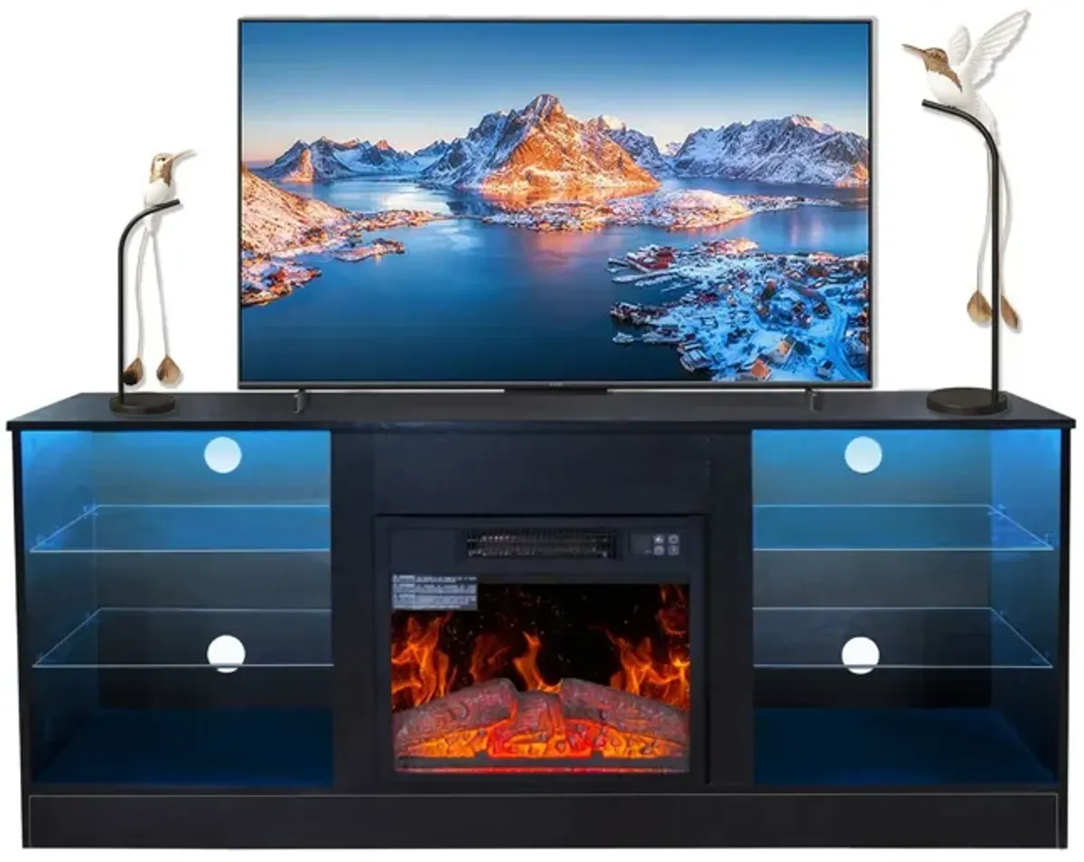 Fireplace TV Stand With 18" Electric Fireplace Heater, Modern Entertainment Center For TVs Up To 62" With Adjustable Glass Shelves And Storage Cabinets