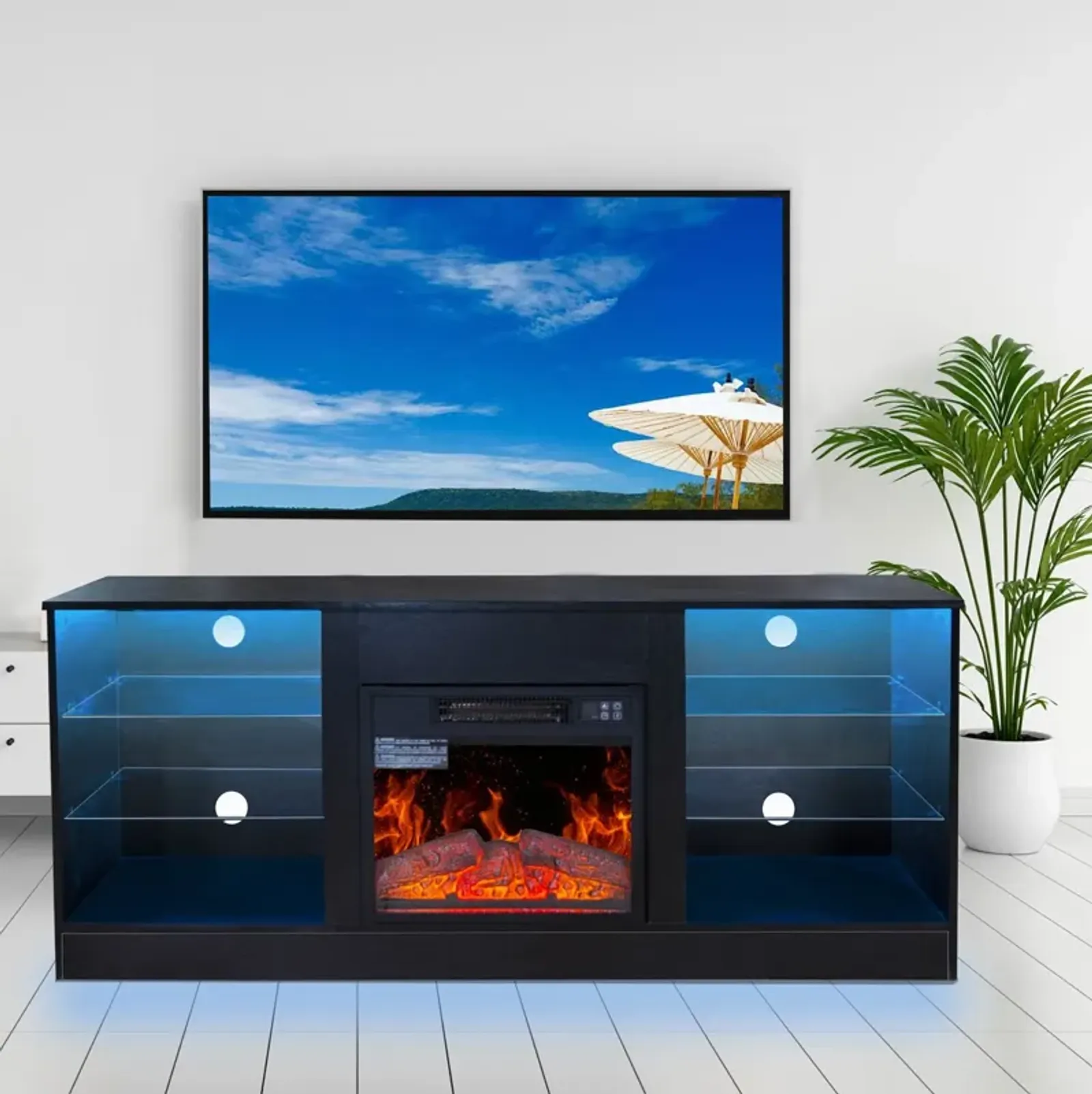 Fireplace TV Stand With 18" Electric Fireplace Heater, Modern Entertainment Center For TVs Up To 62" With Adjustable Glass Shelves And Storage Cabinets