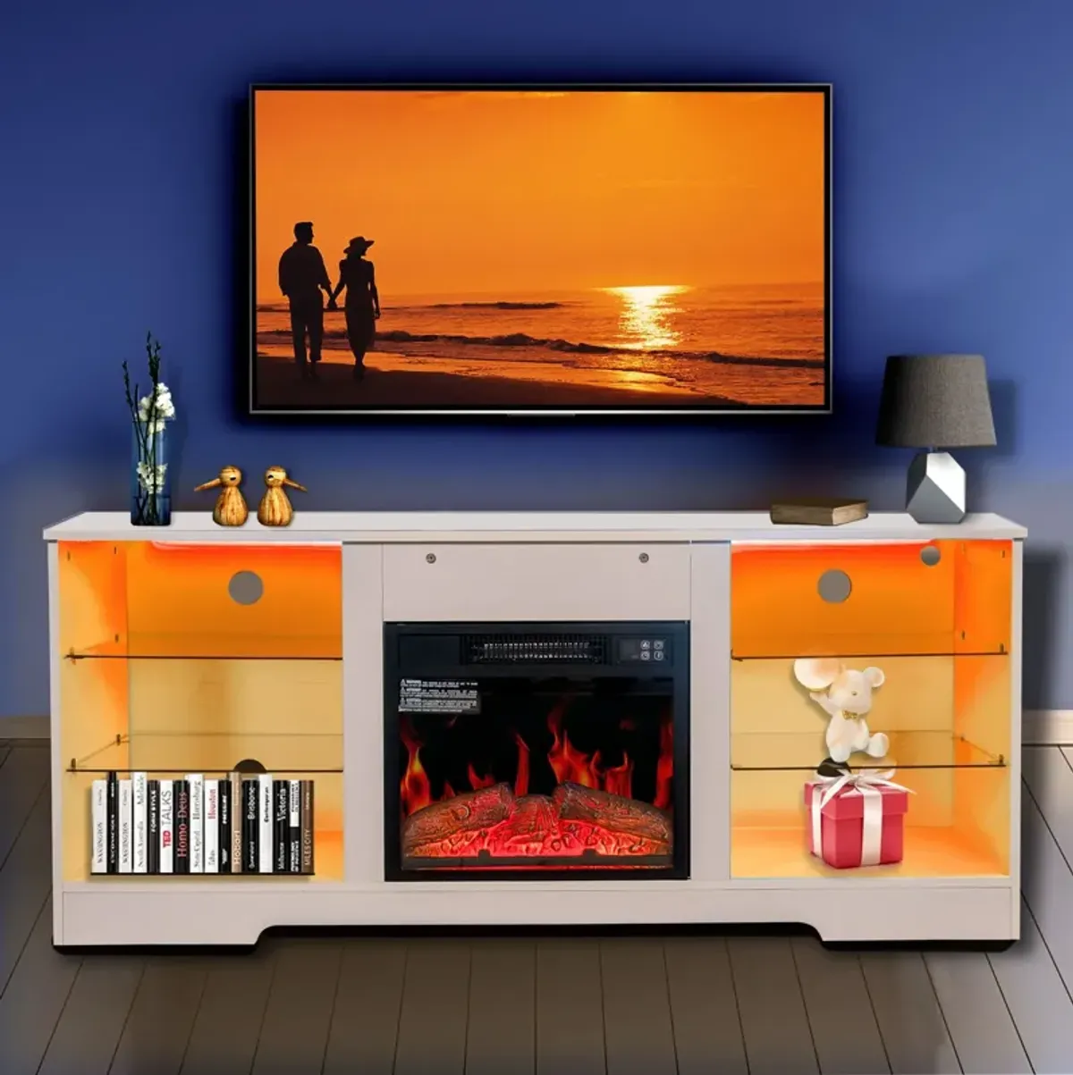 57.8" Fireplace TV Stand With 18" Electric Fireplace Heater, Modern Entertainment Center For TVs Up To 62" With Adjustable Glass Shelves And Storage Cabinets