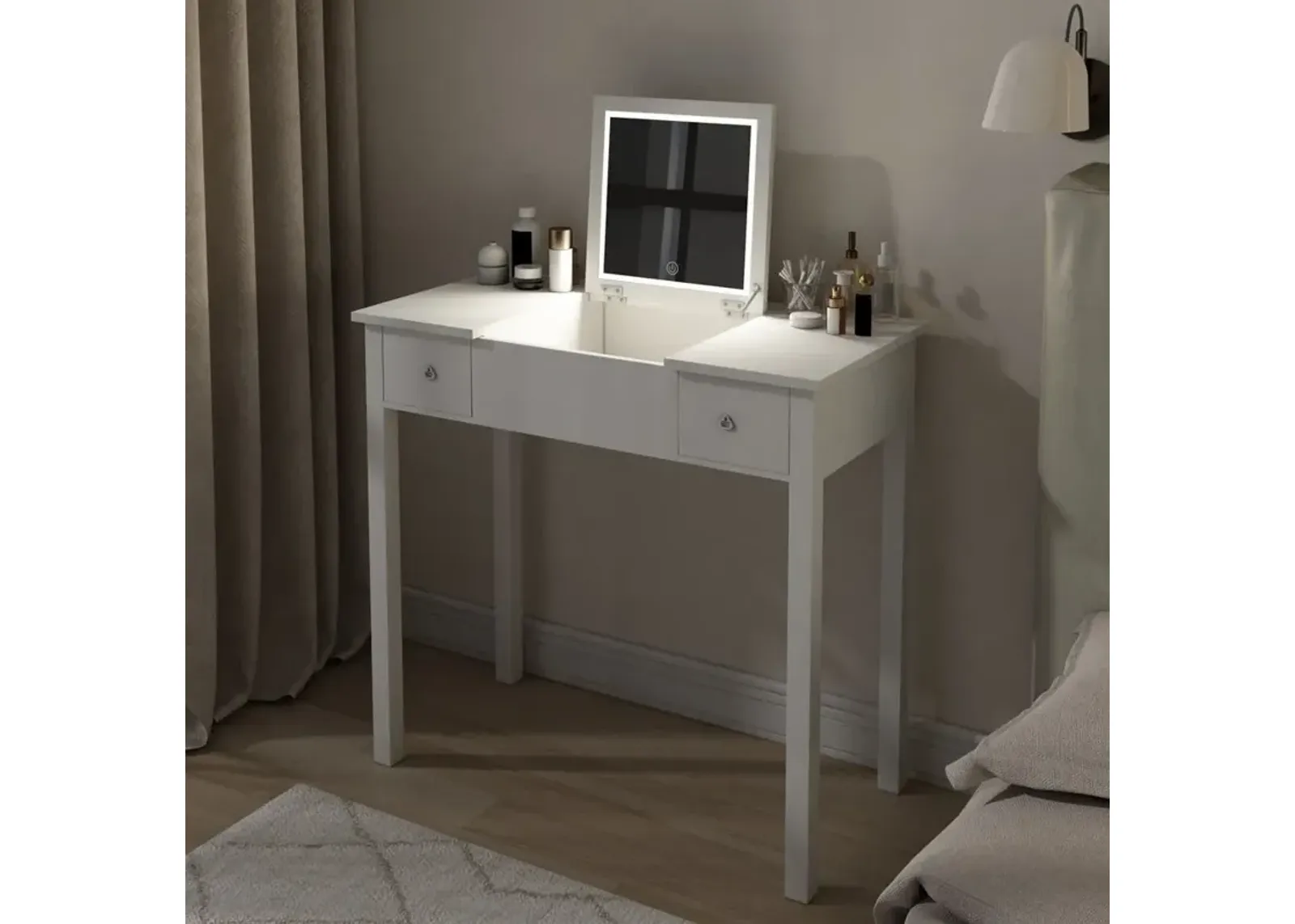 Vanity Table With LED Lights, Flip-Top Mirror And 2 Drawers, Jewelry Storage