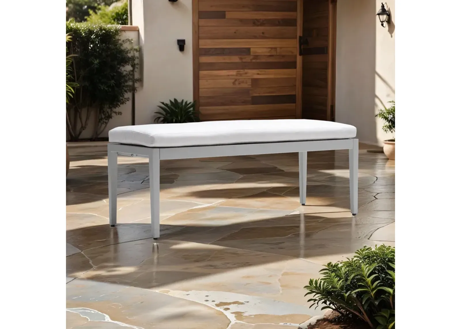 Outdoor Patio Aluminum Stationary Bench With Sunbrella Fabric Cushion - Grayish