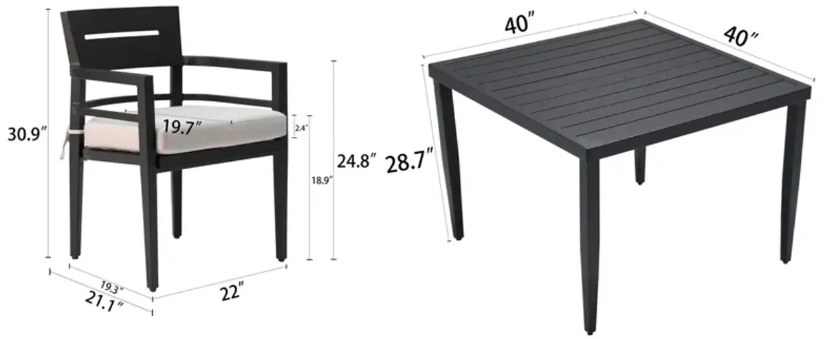 5 Piece Outdoor Patio Modern Dining Set, Including 4 Dining Chairs Sunbrella Fabric Cushioned And Square Dining Table With Umbrella Hole - Ember Black