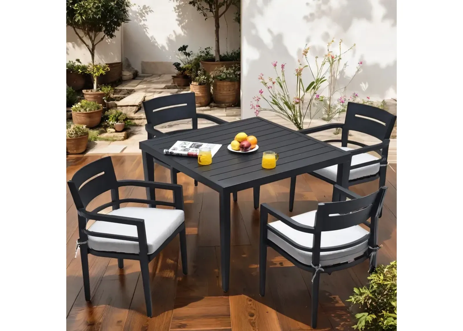 5 Piece Outdoor Patio Modern Dining Set, Including 4 Dining Chairs Sunbrella Fabric Cushioned And Square Dining Table With Umbrella Hole - Ember Black