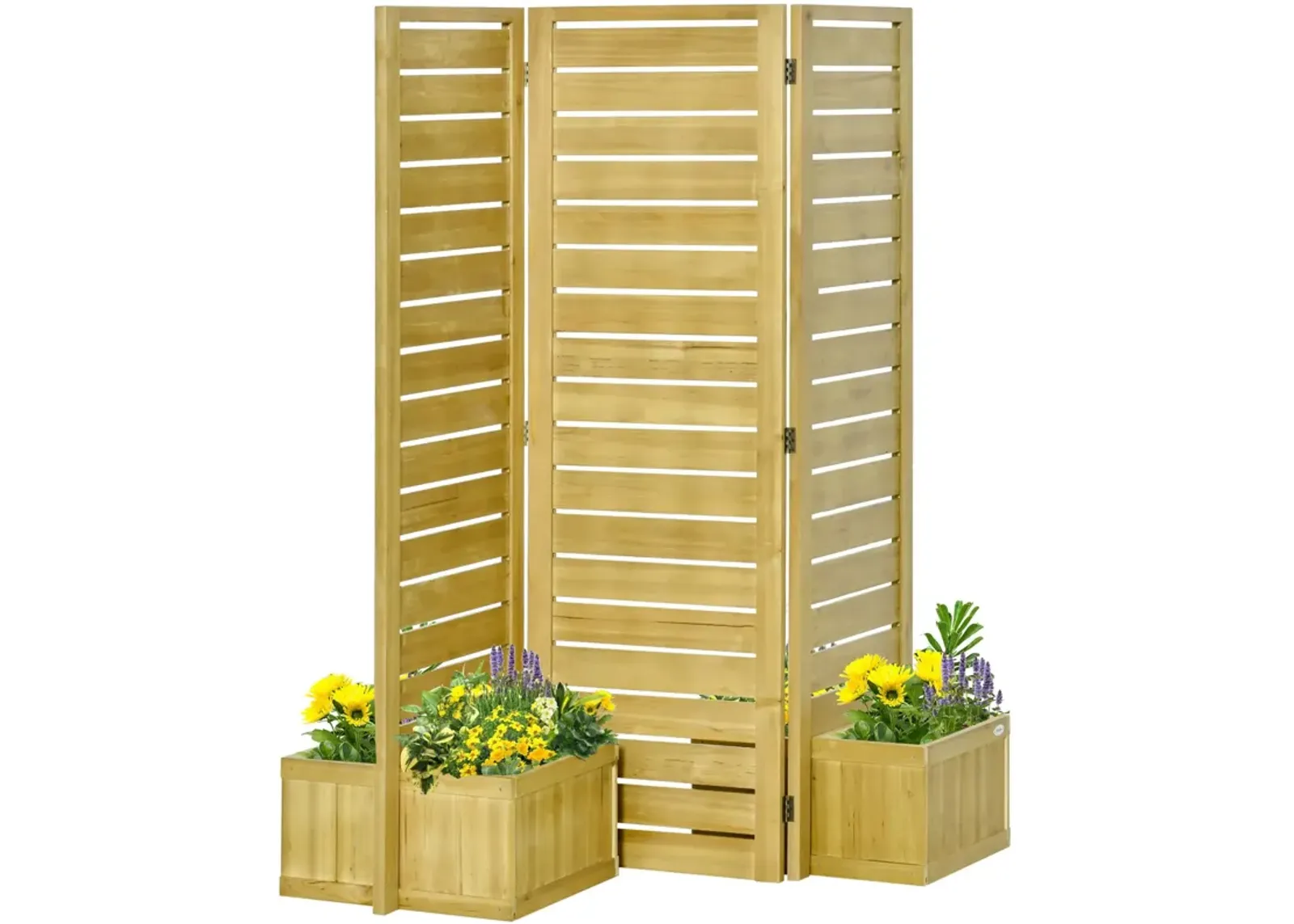 Outsunny - Freestanding Outdoor Privacy Screen, 4 Self-Draining Planters / Raised Garden Beds, 3 Hinged Panels For Hot Tub, Patio, Backyard, Deck - Natural