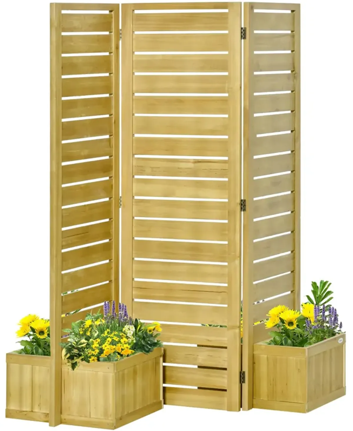 Outsunny - Freestanding Outdoor Privacy Screen, 4 Self-Draining Planters / Raised Garden Beds, 3 Hinged Panels For Hot Tub, Patio, Backyard, Deck - Natural