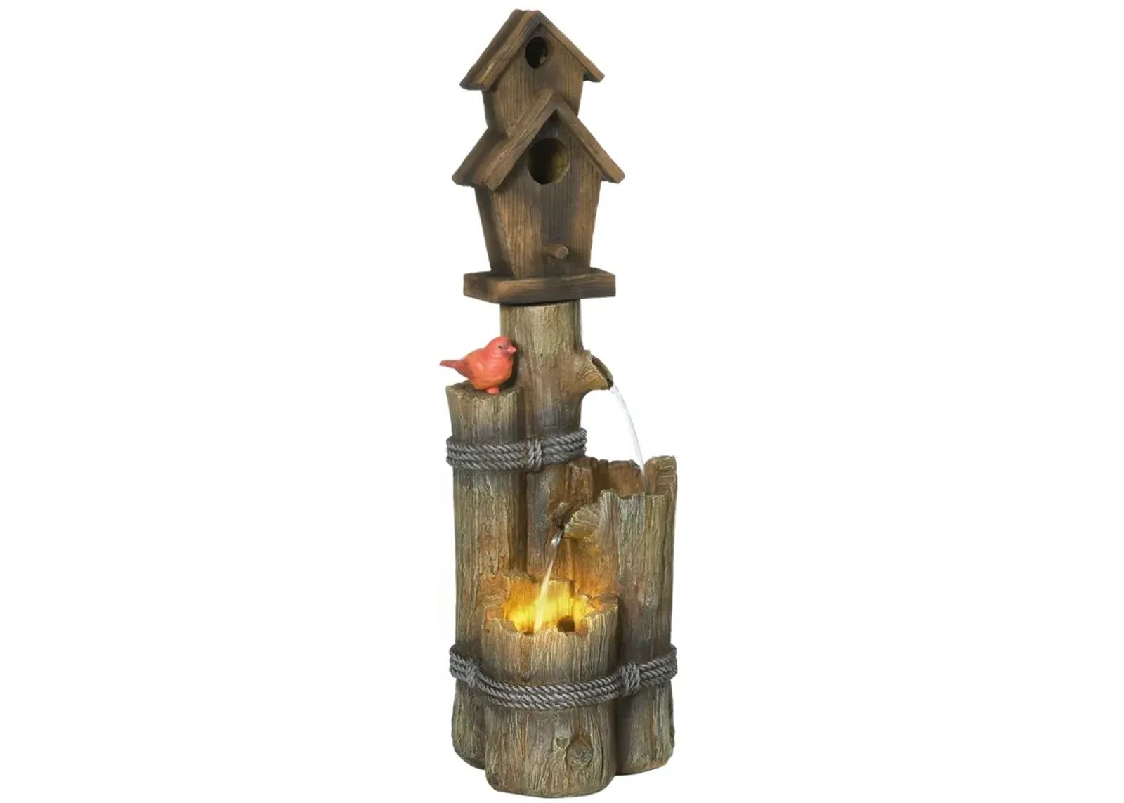 Outsunny - Outdoor Fountain With Birdhouse, Cascading Garden Waterfall Bird Bath With 3 Tier Rustic Tree Trunk / Log Design, LED Lights For Porch, Deck, Yard Decor - Brown