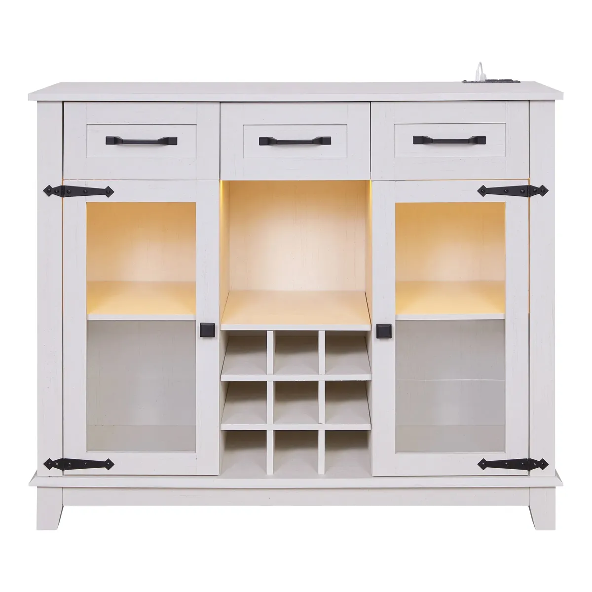 Modern Farmhouse Sideboard Buffet Coffee Bar Cabinet Storage Cabinet With LED Charging Station, Wine & Glass Rack, 3 Drawers, For Kitchen, Dining Room, Living Room - Antique White