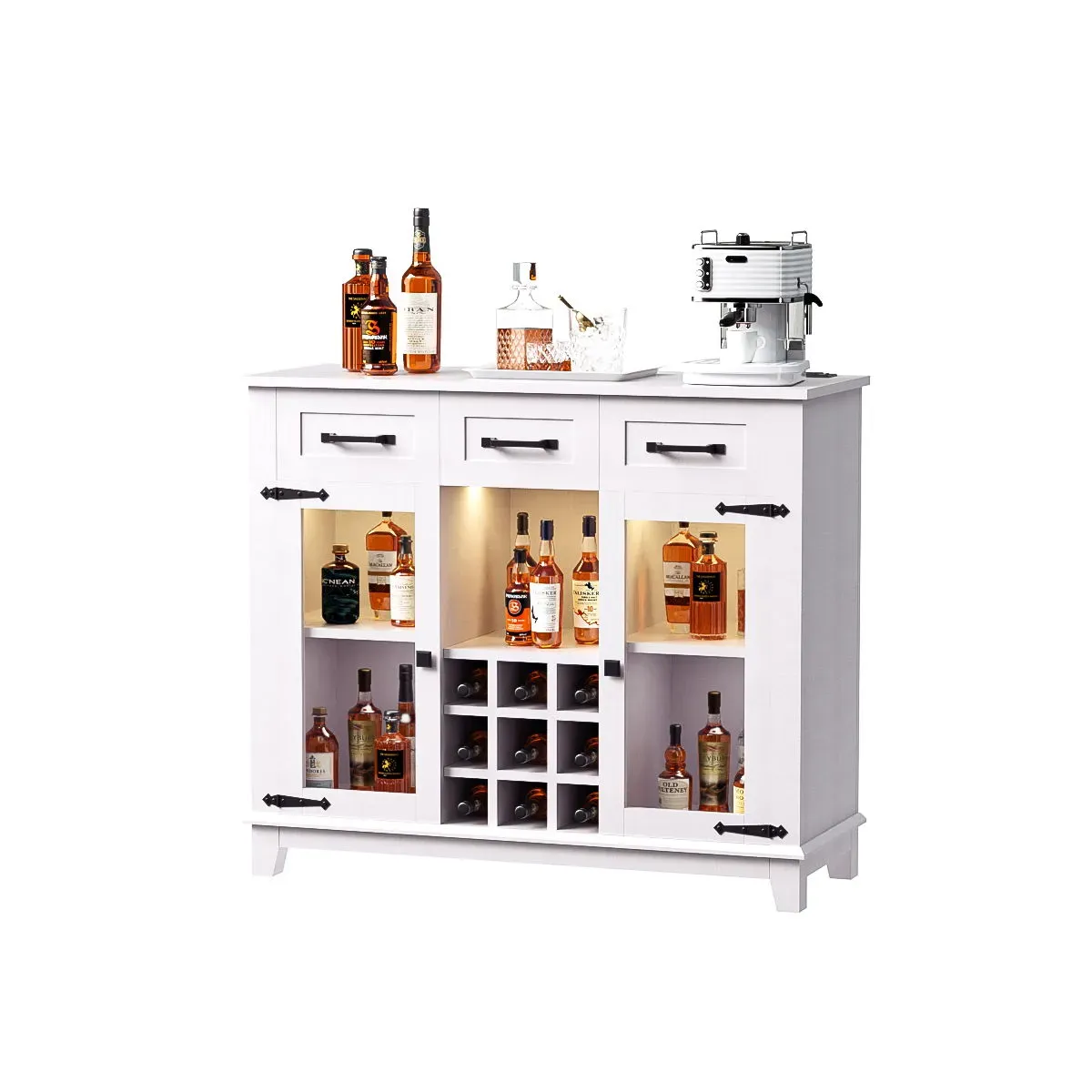 Modern Farmhouse Sideboard Buffet Coffee Bar Cabinet Storage Cabinet With LED Charging Station, Wine & Glass Rack, 3 Drawers, For Kitchen, Dining Room, Living Room - Antique White