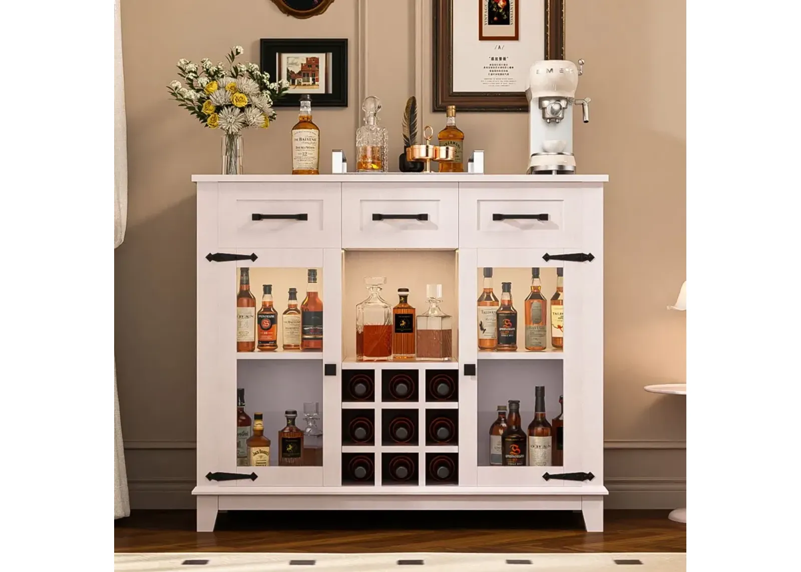 Modern Farmhouse Sideboard Buffet Coffee Bar Cabinet Storage Cabinet With LED Charging Station, Wine & Glass Rack, 3 Drawers, For Kitchen, Dining Room, Living Room - Antique White