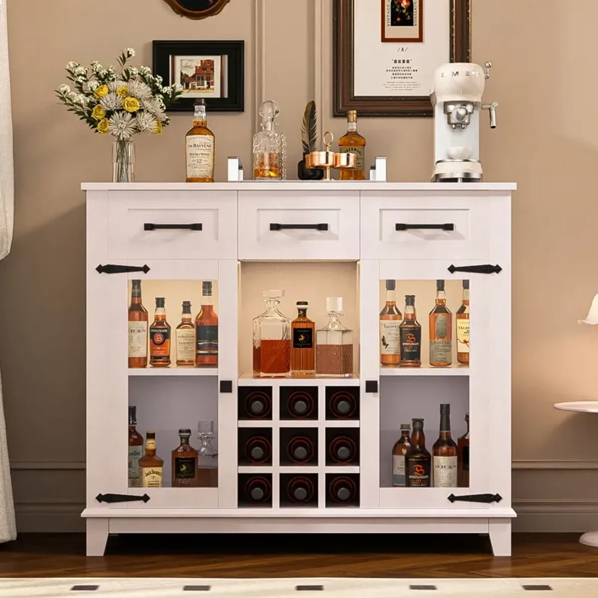 Modern Farmhouse Sideboard Buffet Coffee Bar Cabinet Storage Cabinet With LED Charging Station, Wine & Glass Rack, 3 Drawers, For Kitchen, Dining Room, Living Room - Antique White