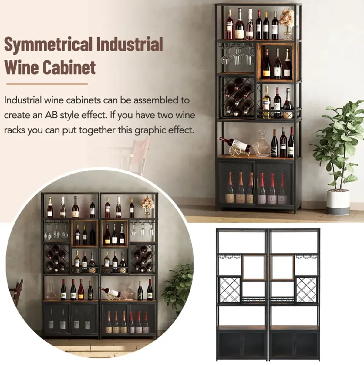 Industrial Tall Black Bar Wine Rack Cabinet With Glass Holder Wood Home Bar Cabinet - Walnut / Black