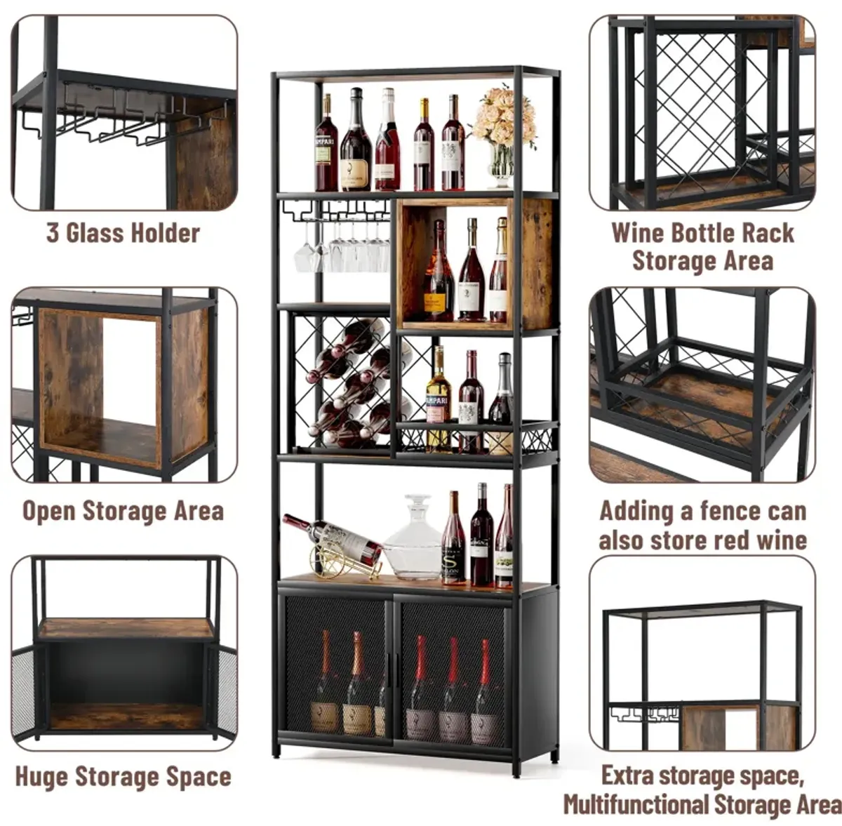 Industrial Tall Black Bar Wine Rack Cabinet With Glass Holder Wood Home Bar Cabinet - Walnut / Black