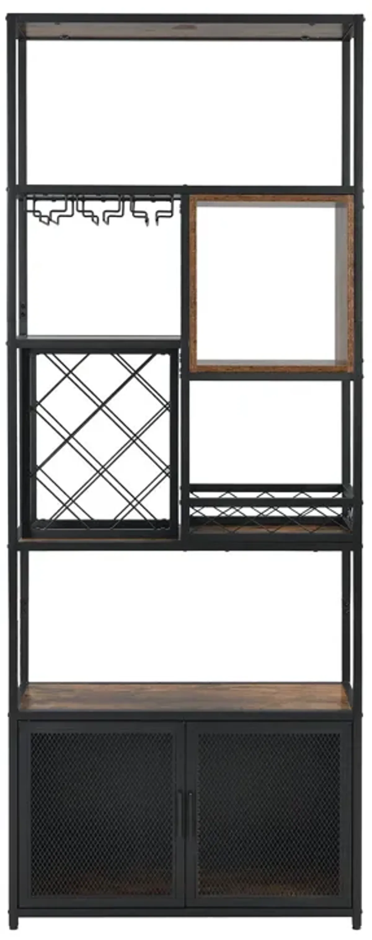 Industrial Tall Black Bar Wine Rack Cabinet With Glass Holder Wood Home Bar Cabinet - Walnut / Black