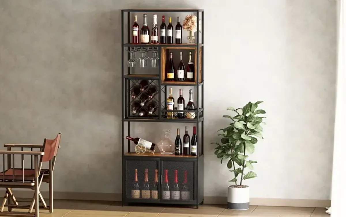 Industrial Tall Black Bar Wine Rack Cabinet With Glass Holder Wood Home Bar Cabinet - Walnut / Black