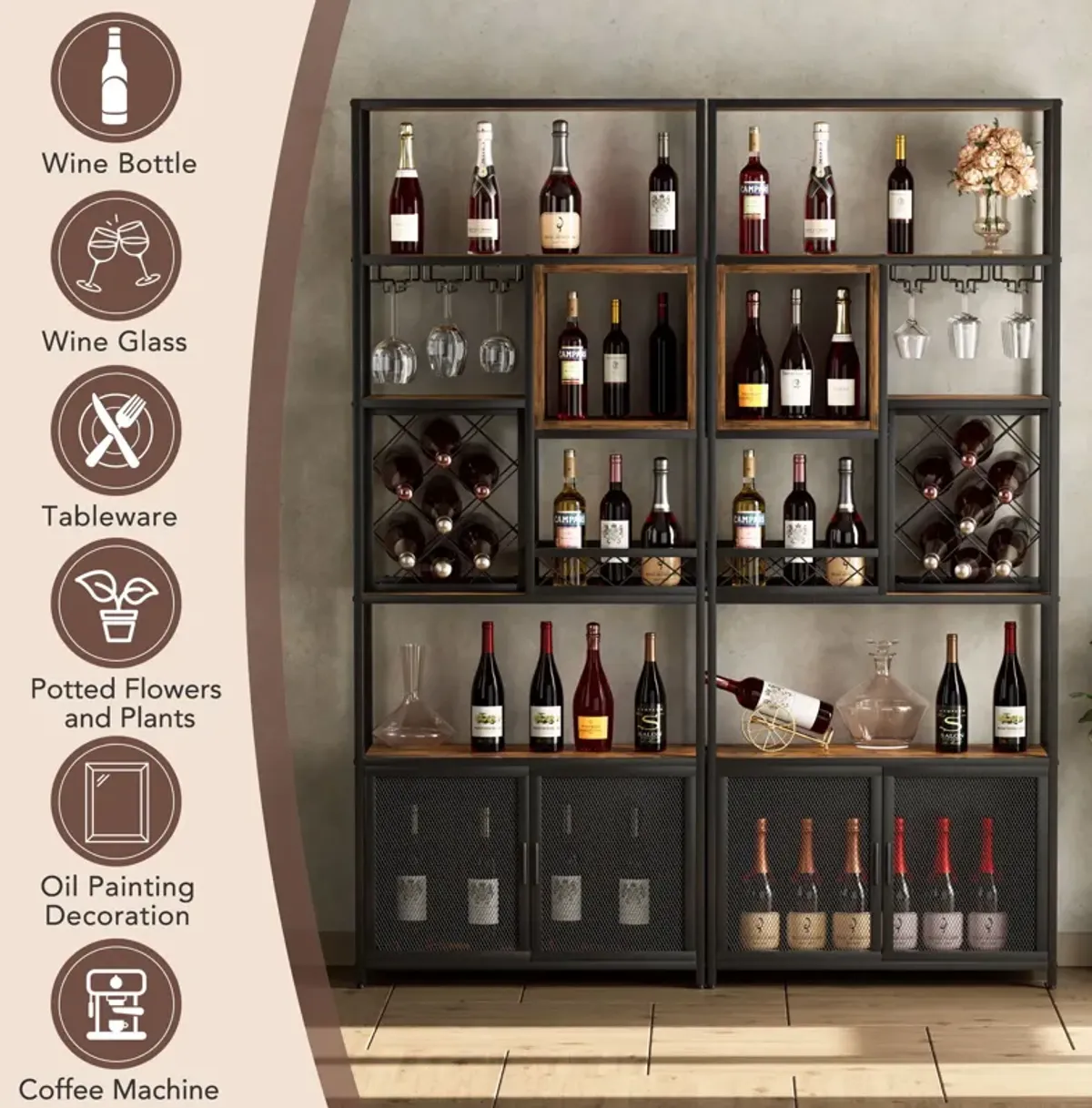 Industrial Tall Black Bar Wine Rack Cabinet With Glass Holder Wood Home Bar Cabinet - Walnut / Black