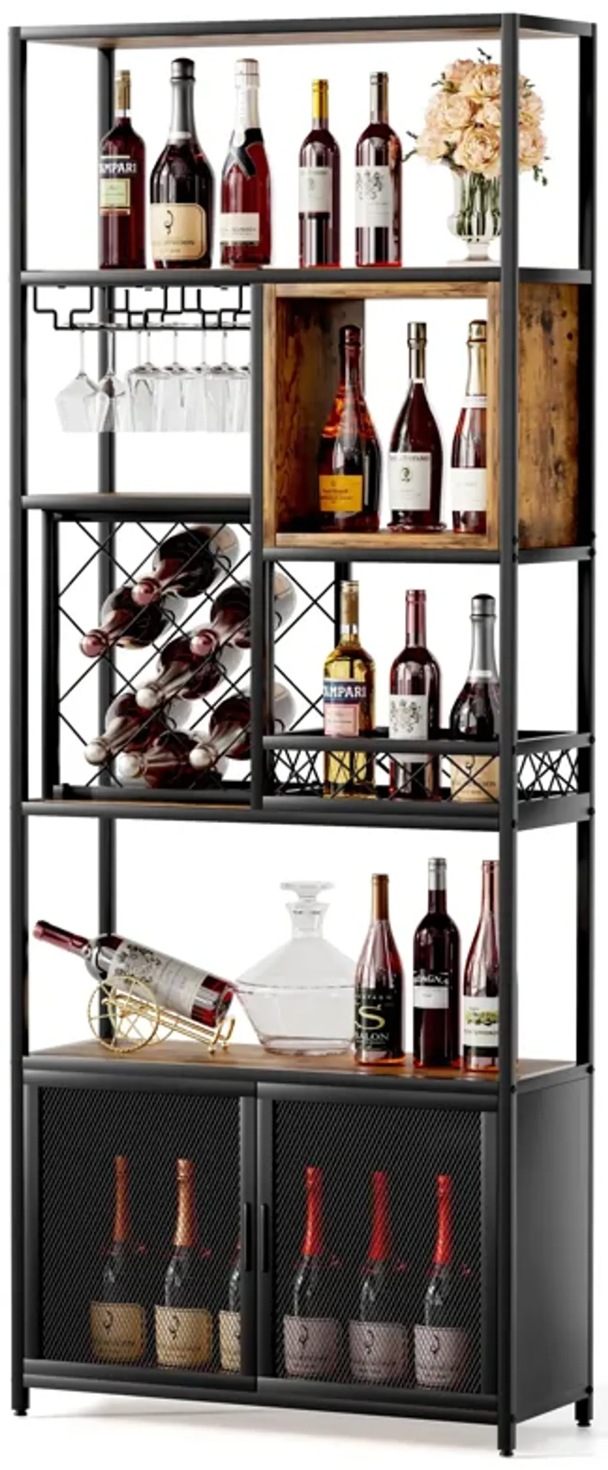 Industrial Tall Black Bar Wine Rack Cabinet With Glass Holder Wood Home Bar Cabinet - Walnut / Black