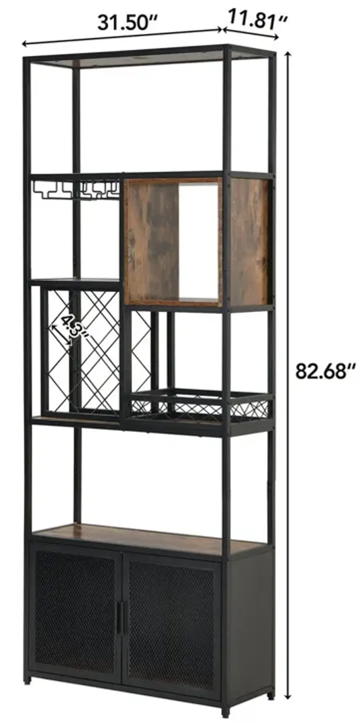 Industrial Tall Black Bar Wine Rack Cabinet With Glass Holder Wood Home Bar Cabinet - Walnut / Black