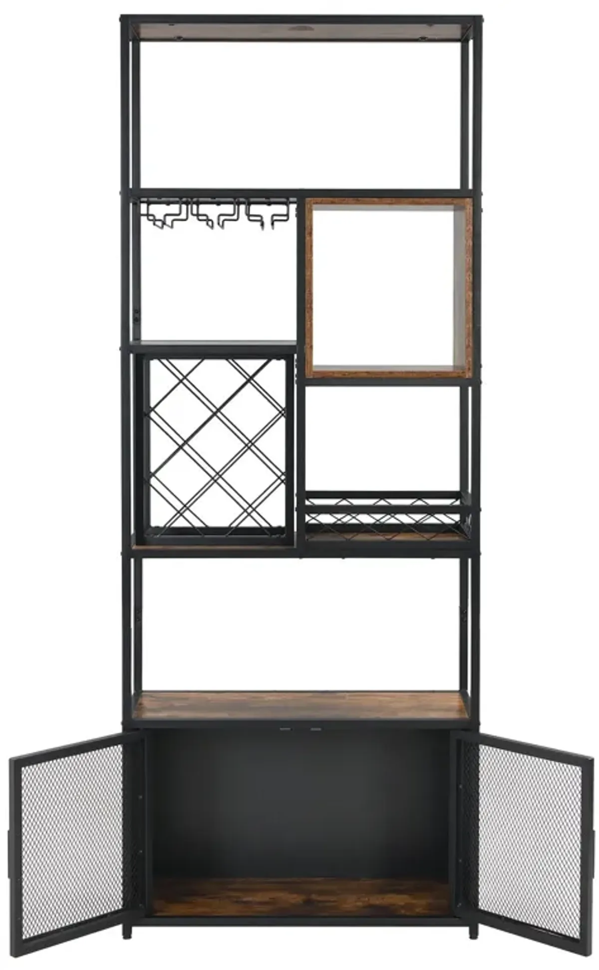 Industrial Tall Black Bar Wine Rack Cabinet With Glass Holder Wood Home Bar Cabinet - Walnut / Black