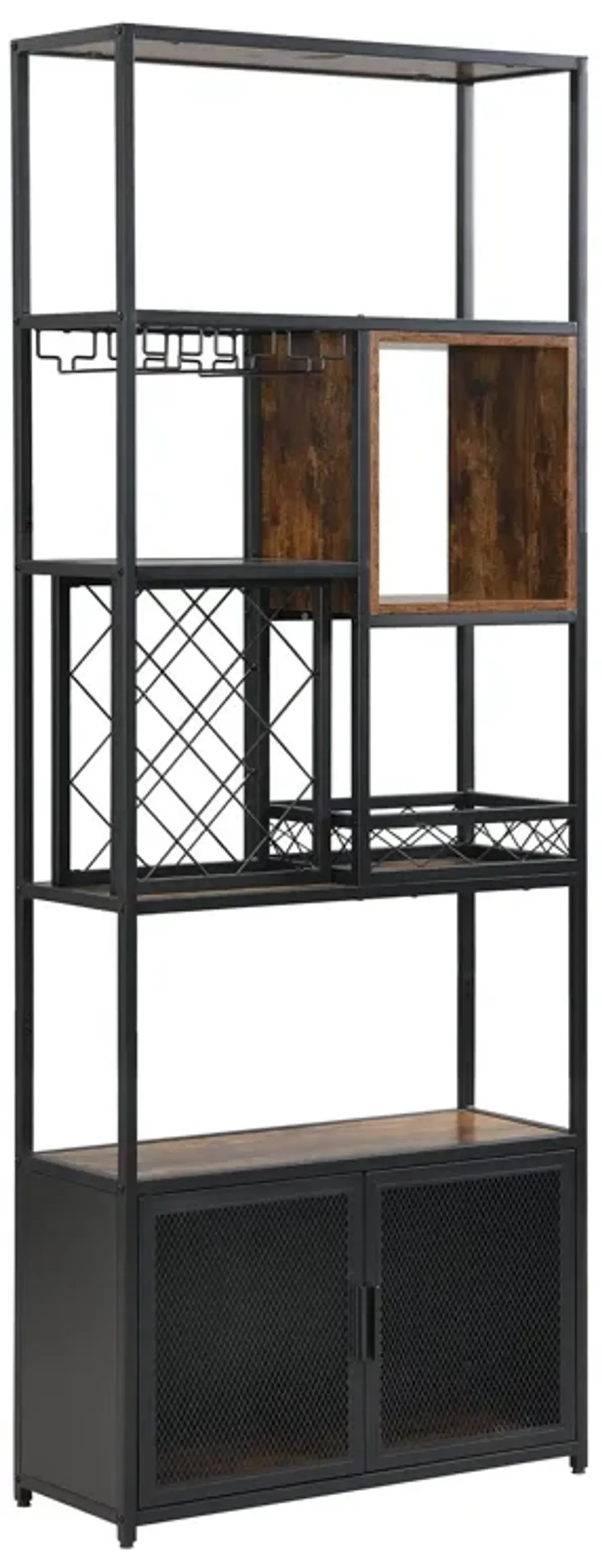 Industrial Tall Black Bar Wine Rack Cabinet With Glass Holder Wood Home Bar Cabinet - Walnut / Black