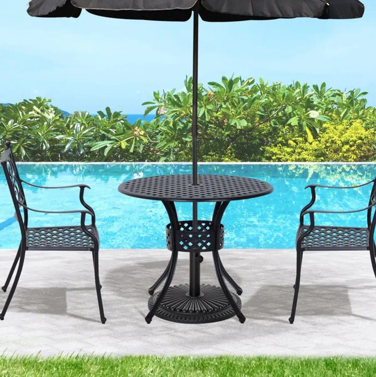 Outsunny - 33" Patio Dining Table Round Cast Aluminium Outdoor Bistro Table With Umbrella Hole - Black