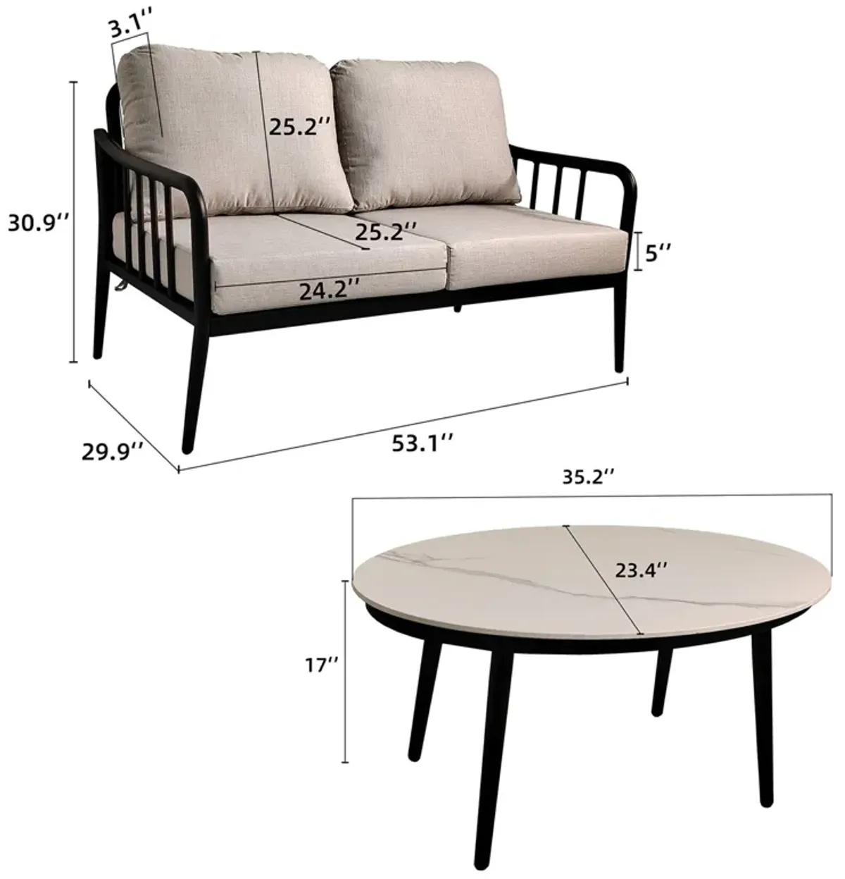 2 Piece Outdoor Aluminum Patio Furniture, Modern Loveseat Sofa Conversation / Chat Set, Sunbrella Cushions And Oval Coffee Table With White Carrara Marble-Look Sintered Stone Top - Ember Black / Beige