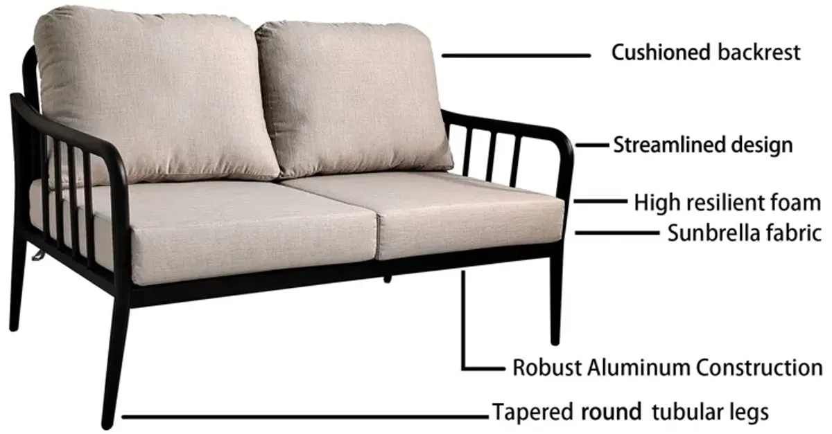 2 Piece Outdoor Aluminum Patio Furniture, Modern Loveseat Sofa Conversation / Chat Set, Sunbrella Cushions And Oval Coffee Table With White Carrara Marble-Look Sintered Stone Top - Ember Black / Beige