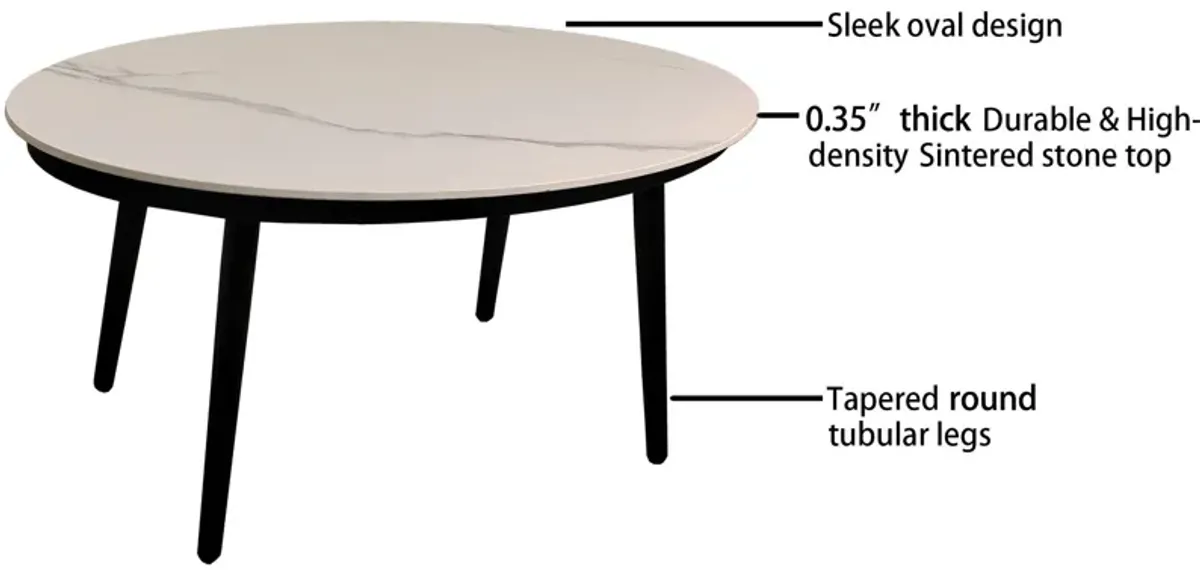 2 Piece Outdoor Aluminum Patio Furniture, Modern Loveseat Sofa Conversation / Chat Set, Sunbrella Cushions And Oval Coffee Table With White Carrara Marble-Look Sintered Stone Top - Ember Black / Beige