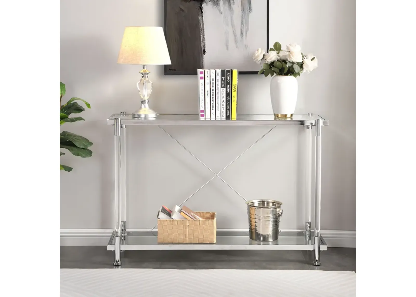 Chrome Glass Sofa Table, Acrylic Side Table, Console Table For Living Room & Bedroom - Chrome