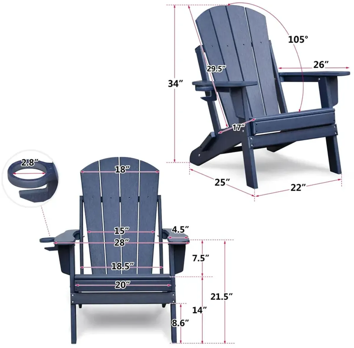 Folding Outdoor Adirondack Chair (Set of 2) And Table Set, Hdpe All-Weather Folding Fire Pit Chair, Ergonomic Design Patio Lawn Chair For Outside Deck Garden Backyardf Balcony - Navy Blue