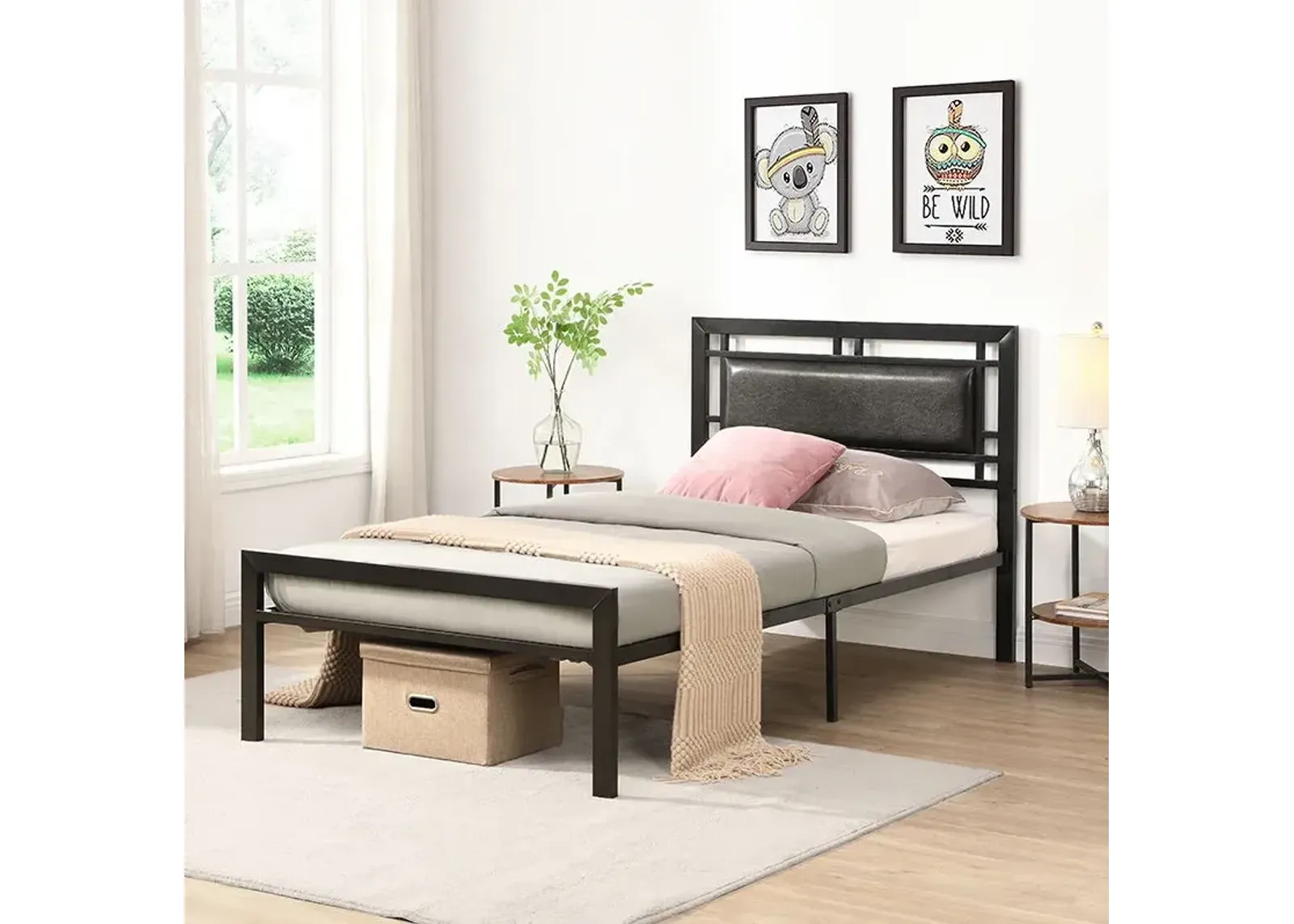 Twin Size Metal Bed Sturdy System, Modern Style And Comfort To Any Bedroom - Black