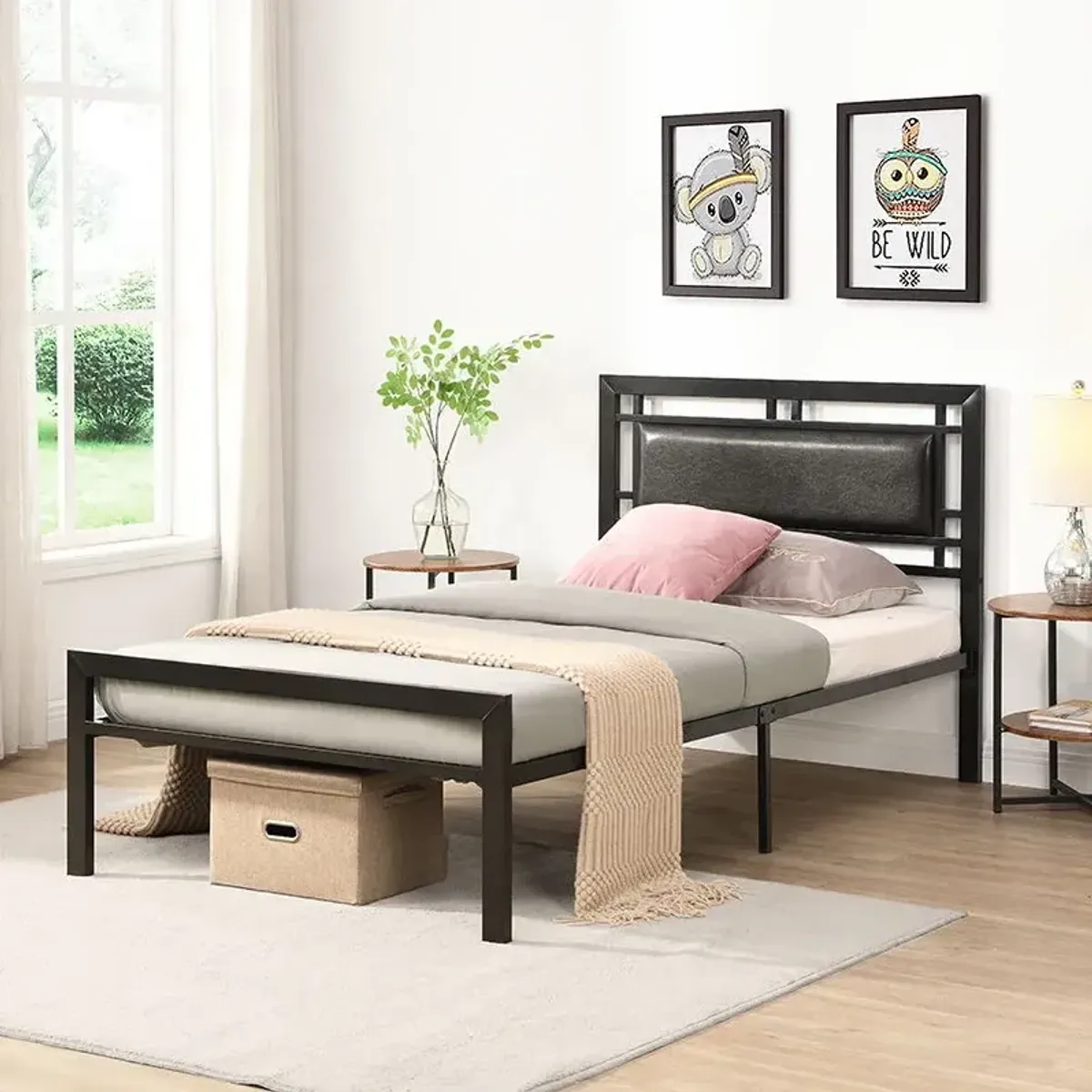 Twin Size Metal Bed Sturdy System, Modern Style And Comfort To Any Bedroom - Black