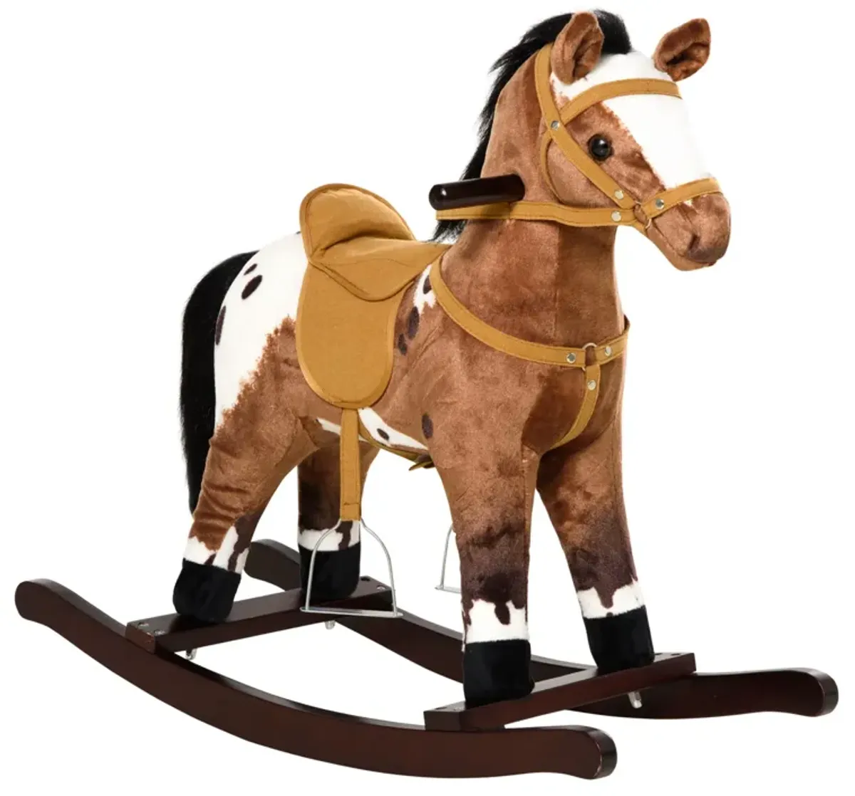 Qaba - Kids Metal Plush Ride-On Rocking Horse Chair Toy With Realistic Sounds - Dark Brown / White