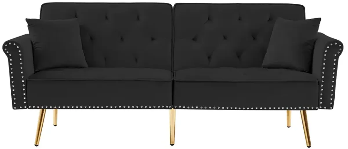 Velvet Tufted Sofa Couch With 2 Pillows And Nailhead Trim