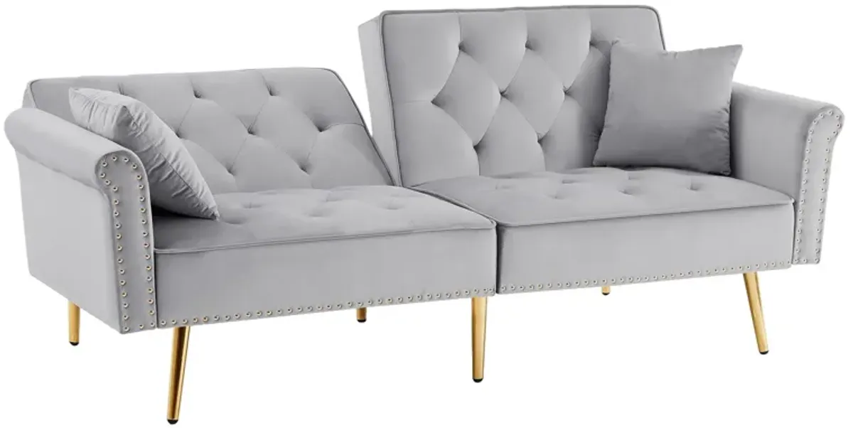 Velvet Tufted Sofa Couch With 2 Pillows And Nailhead Trim