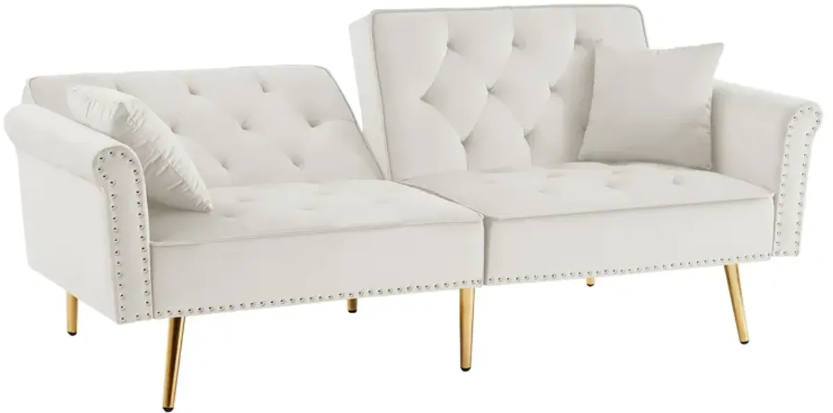 Velvet Tufted Sofa Couch With 2 Pillows And Nailhead Trim