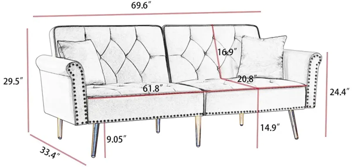 Velvet Tufted Sofa Couch With 2 Pillows And Nailhead Trim