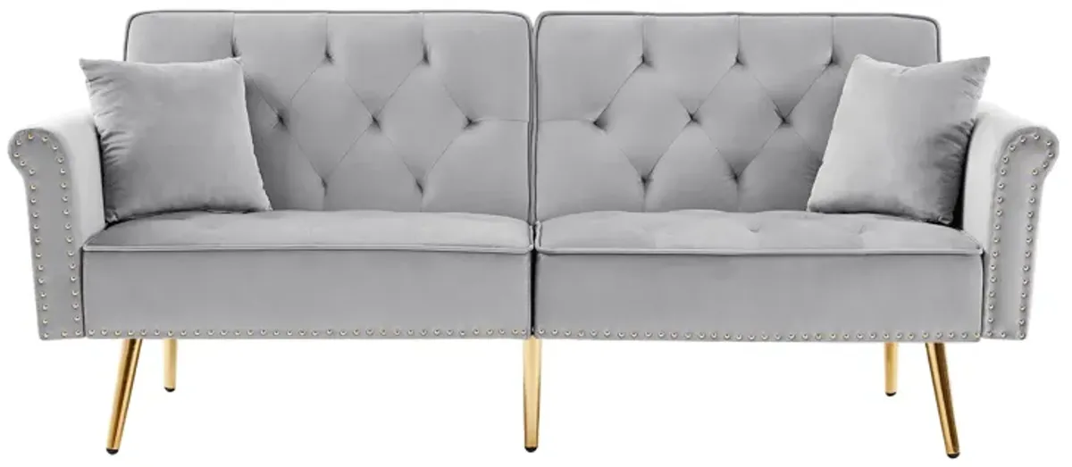 Velvet Tufted Sofa Couch With 2 Pillows And Nailhead Trim