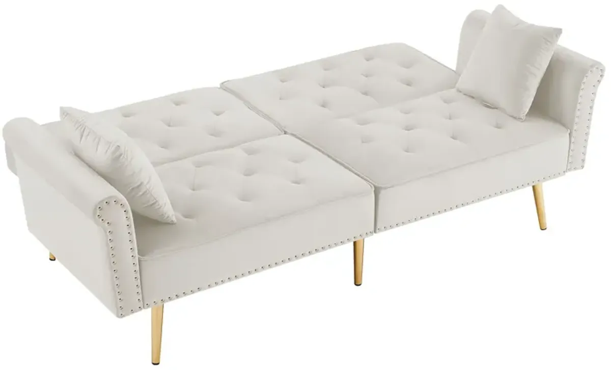 Velvet Tufted Sofa Couch With 2 Pillows And Nailhead Trim