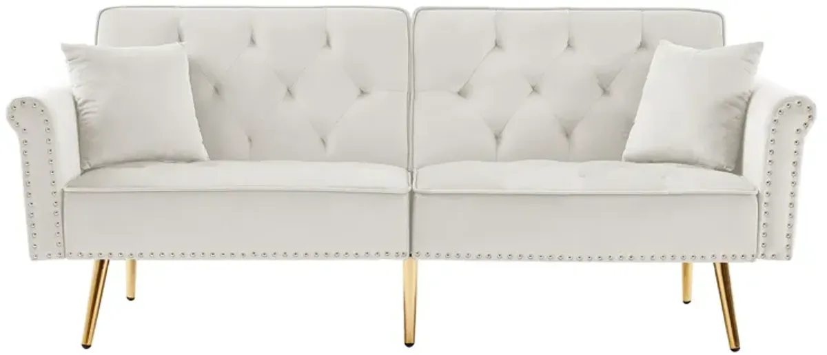 Velvet Tufted Sofa Couch With 2 Pillows And Nailhead Trim