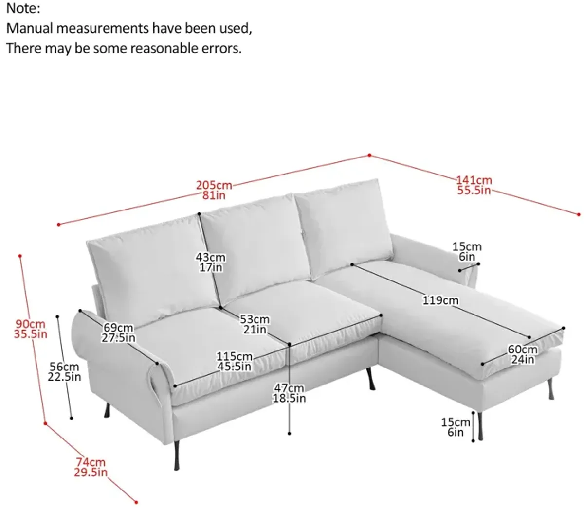 Modern Sectional Technical Leather L-Shaped Sofa Couch With Reversible Chaise Lounge