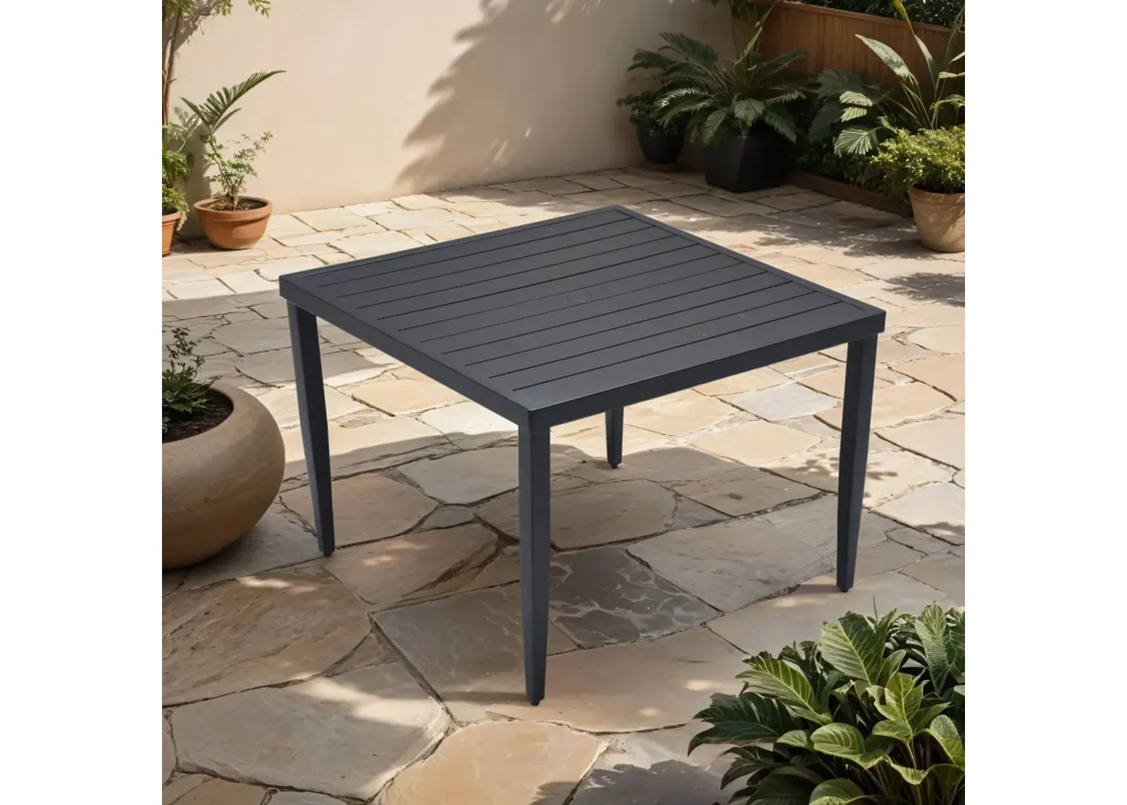 Outdoor Patio Rectangle Dining Table With Tapered Feet & Umbrella Hole