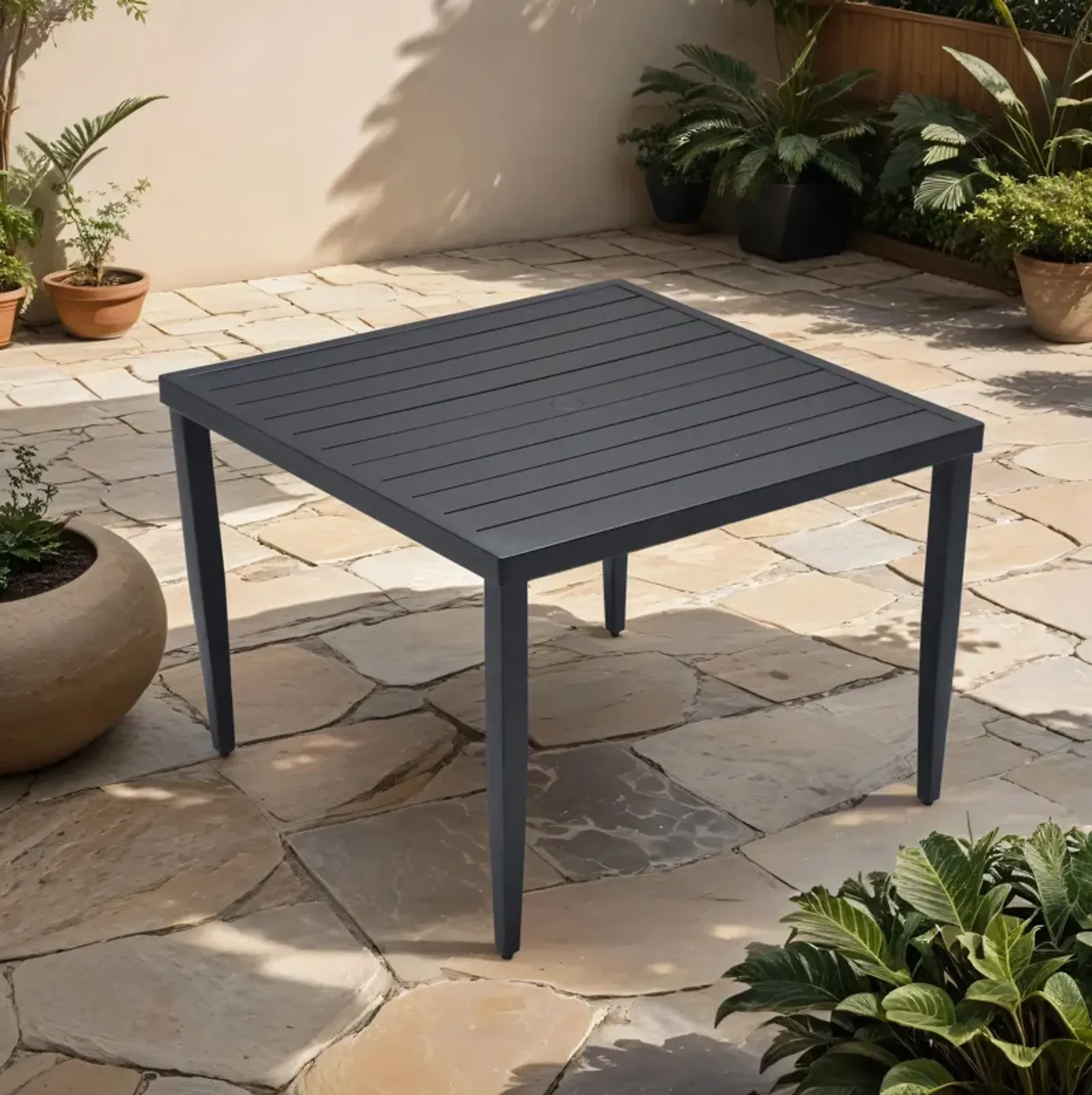 Outdoor Patio Rectangle Dining Table With Tapered Feet & Umbrella Hole