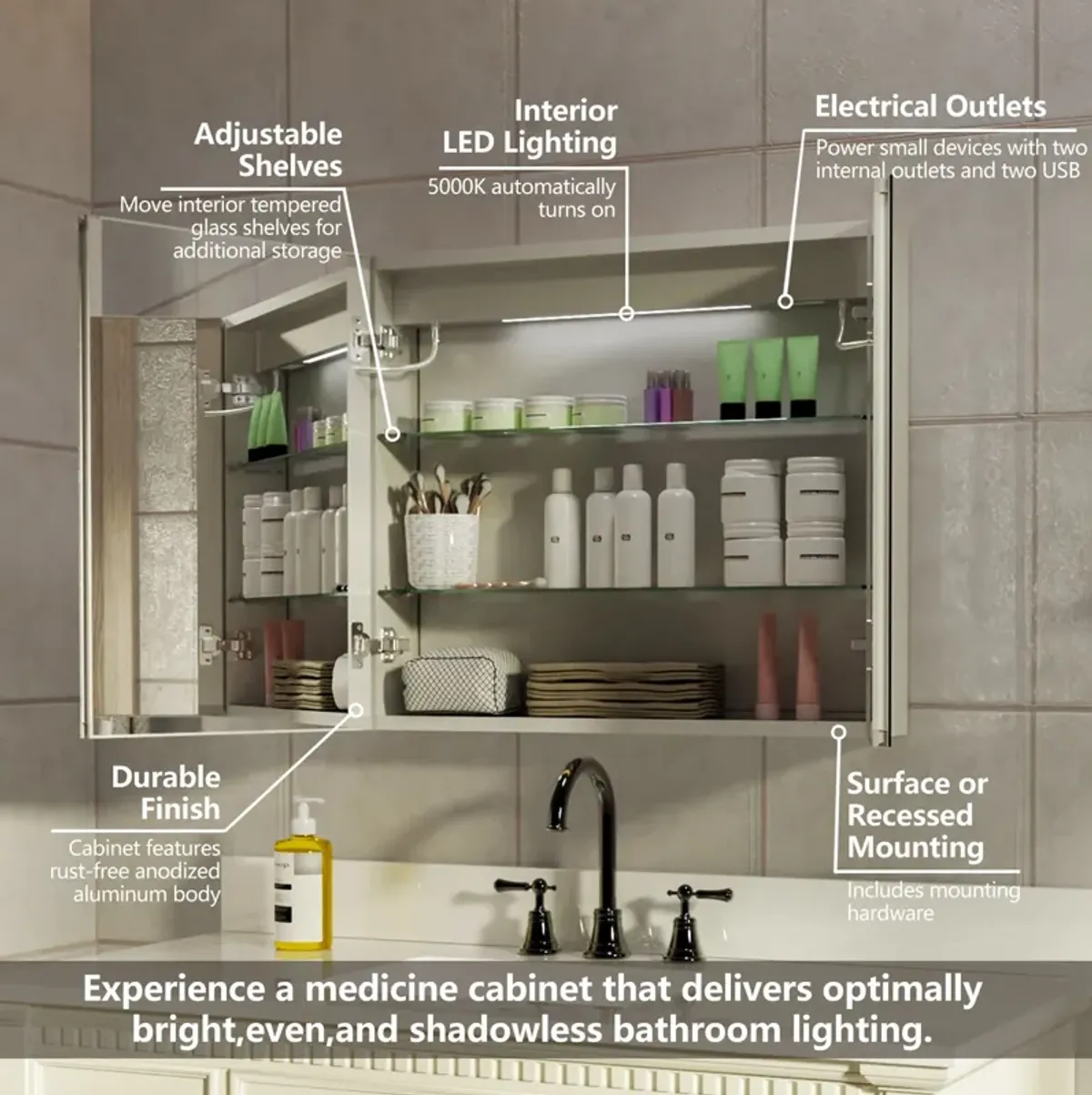 LED Lighted Bathroom Medicine Cabinet With Mirror, Recessed Or Surface LED Medicine Cabinet, Defog, Stepless Dimming, Color Temper Change, Storage Shelves