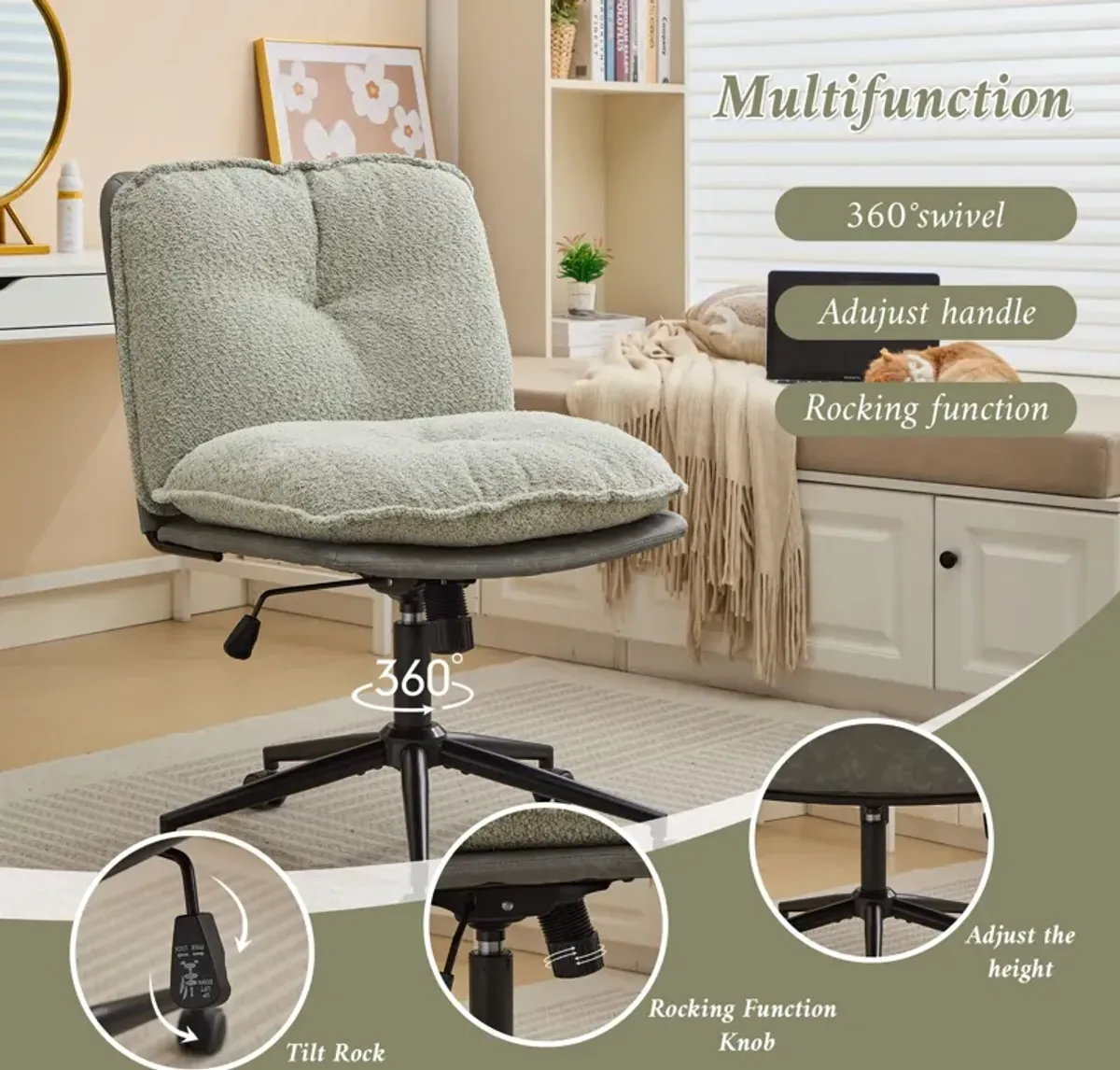 Oversize Seat Cirss Cross Chair With Wheels, Elegant Design Computer Chair, Adjustable Height 360 Degree Rolling Swivel Home Office Chair For Small Space, Dressing Room, Living Room