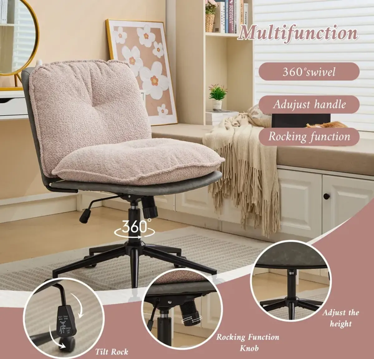 Oversize Seat Cirss Cross Chair With Wheels, Elegant Design Computer Chair, Adjustable Height 360 Degree Rolling Swivel Home Office Chair For Small Space, Dressing Room, Living Room