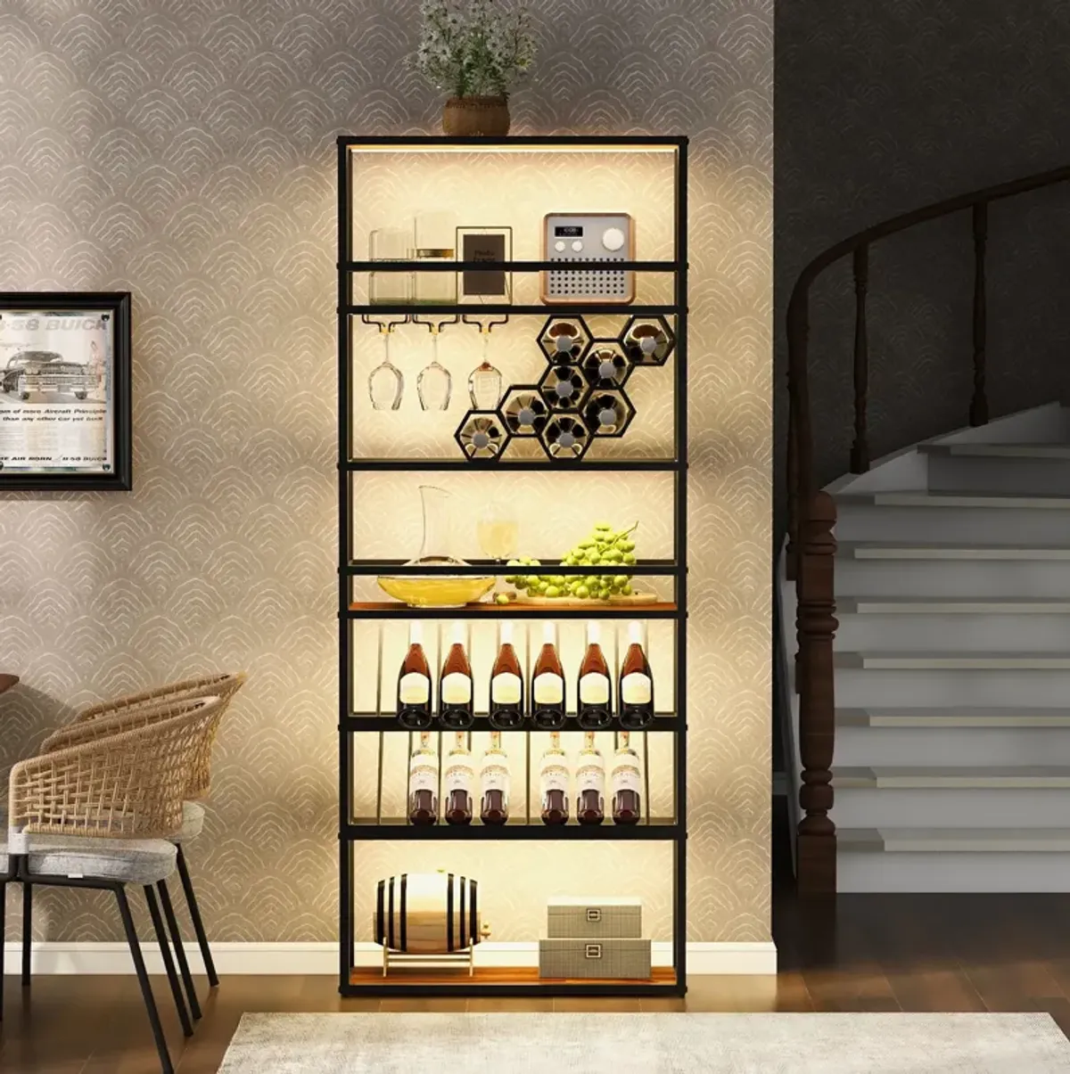 LED Tall Wine Rack Freestanding Floor, 7 Tier Wine Baker Rack With Glass Holder & Wine Storage, Industrial Wine Display Shelf Wine Bar Cabinet For Bar, Kitchen, Dining Room