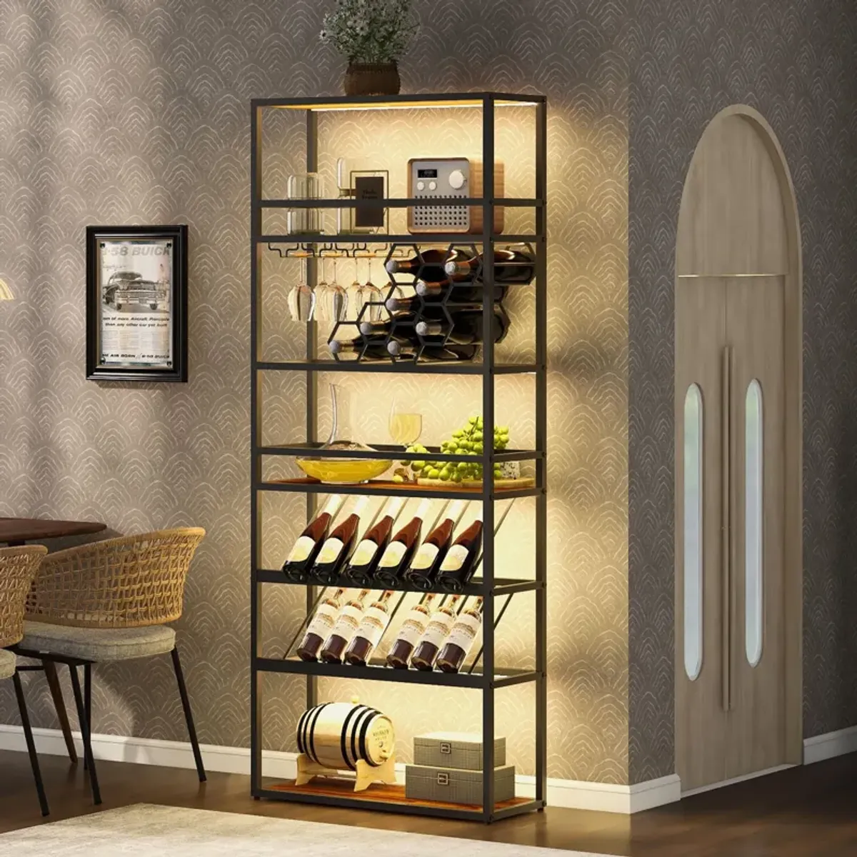 LED Tall Wine Rack Freestanding Floor, 7 Tier Wine Baker Rack With Glass Holder & Wine Storage, Industrial Wine Display Shelf Wine Bar Cabinet For Bar, Kitchen, Dining Room