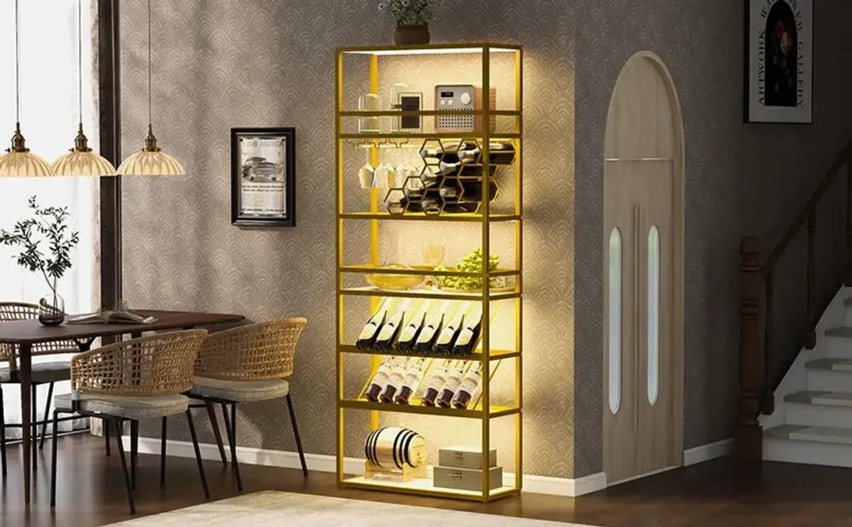 LED Tall Wine Rack Freestanding Floor, 7 Tier Wine Baker Rack With Glass Holder & Wine Storage, Industrial Wine Display Shelf Wine Bar Cabinet For Bar, Kitchen, Dining Room